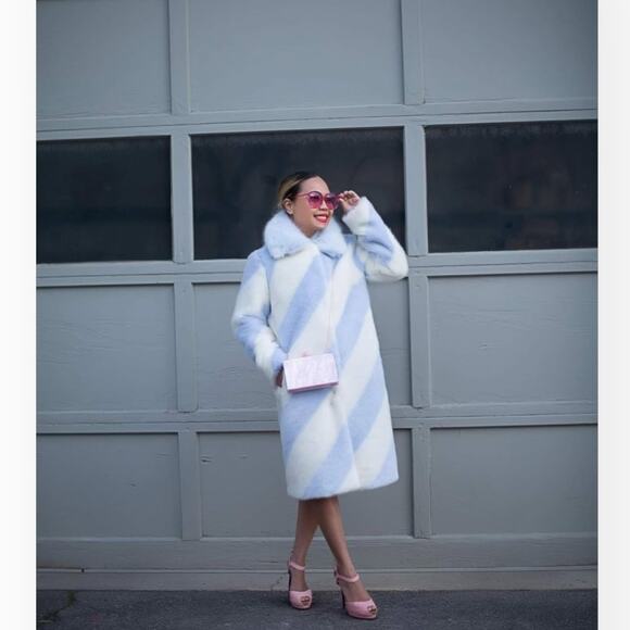 ANTHROPOLOGIE Stripe Faux Fur Coat Jacket Whimsical Gorpcore Glam Blue Ivory - Picture 15 of 15